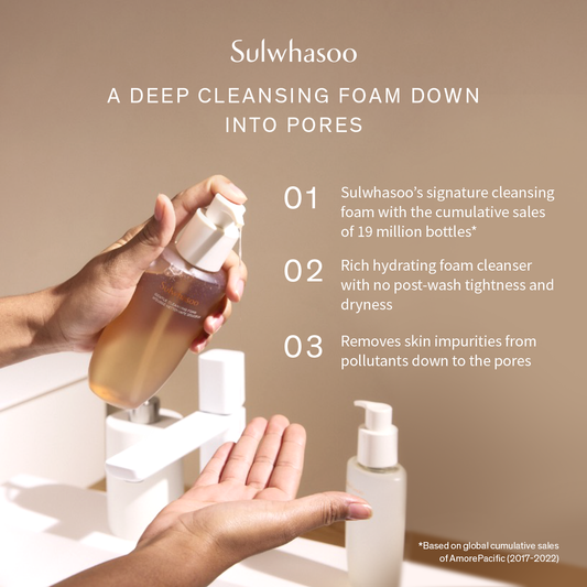 Hands dispensing Sulwhasoo Gentle Cleansing Foam with product benefits on screen: deep cleansing, hydration, and removal of impurities.