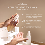 Hands dispensing Sulwhasoo Gentle Cleansing Foam with product benefits on screen: deep cleansing, hydration, and removal of impurities.