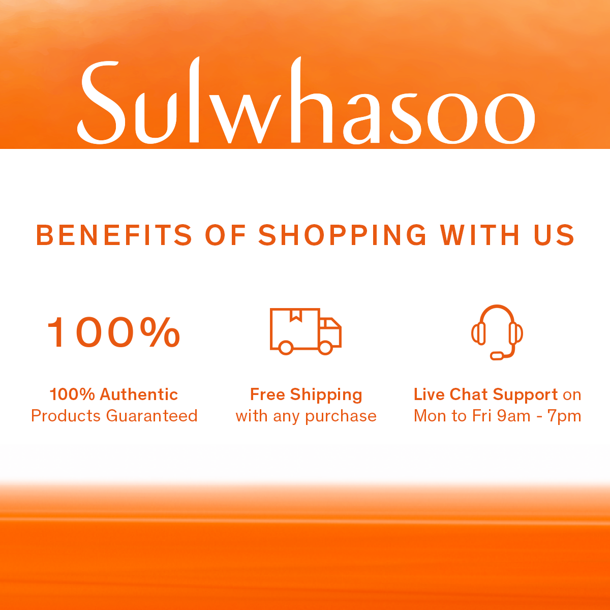 Sulwhasoo shopping benefits visual showing authenticity guarantee, free shipping, and live chat support.