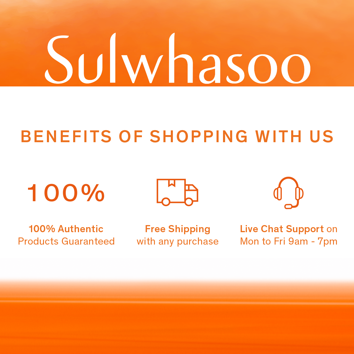 Sulwhasoo shopping benefits banner showing 100% authenticity, free shipping, and live chat support.