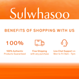 Sulwhasoo shopping benefits banner showing 100% authenticity, free shipping, and live chat support.