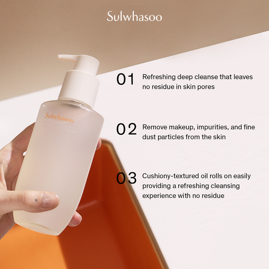 Hand holding Sulwhasoo Gentle Cleansing Oil with product benefits listed: deep cleansing, removes makeup and dust, cushiony texture.