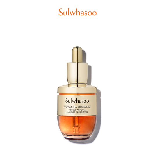 Sulwhasoo Concentrated Ginseng Rescue Ampoule, an anti-aging intensive ampoule, formulated with Ginsenomics™ and Ginseng Berry to help soothe skin, providing an instant relief and eliminate irritants that cause skin aging.